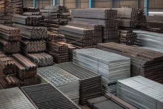Angle, channel, square tube and galvanised grating stacked in rows